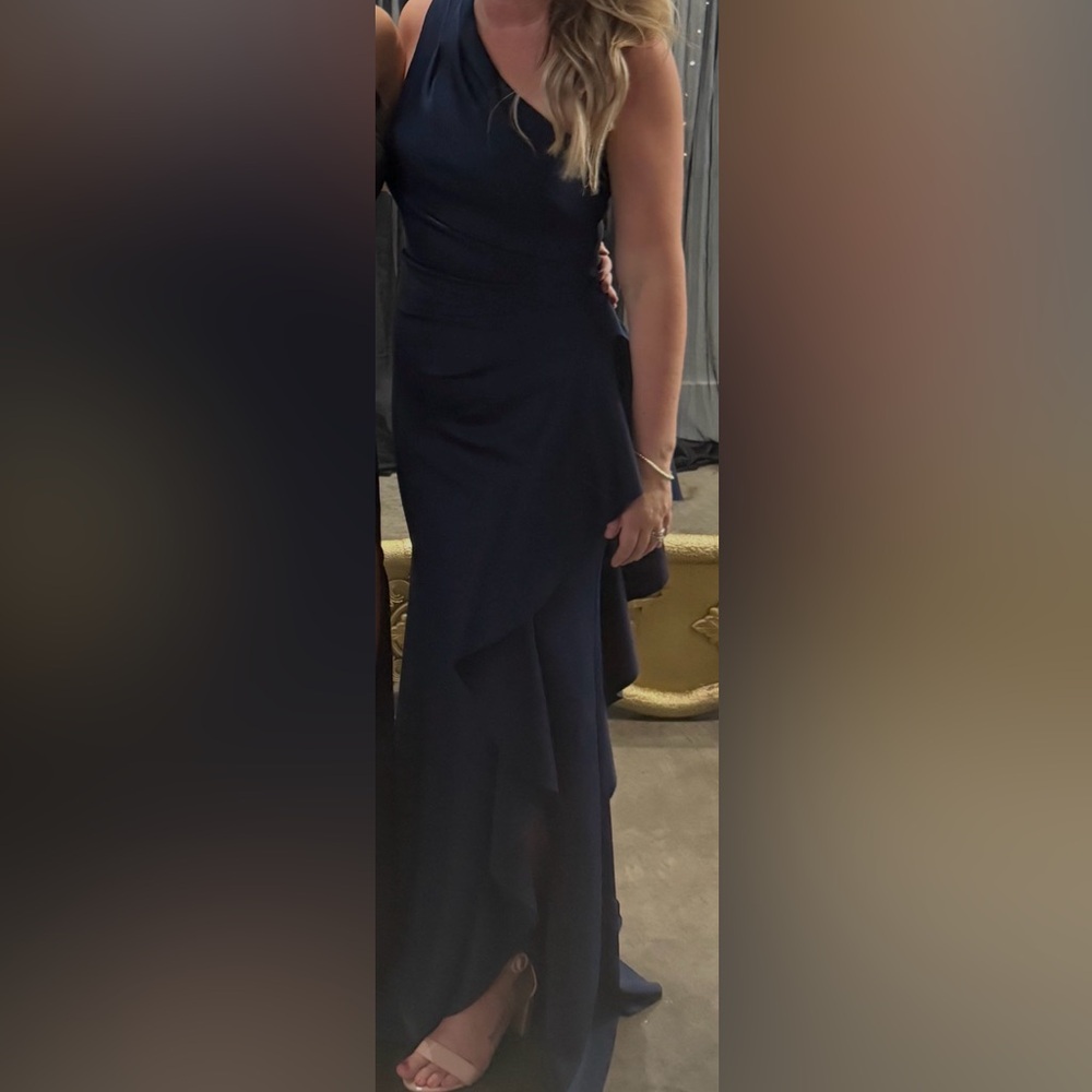 Xscape Asymmetrical Navy Blue One-Shoulder Evening Gown - Picture 6 of 6